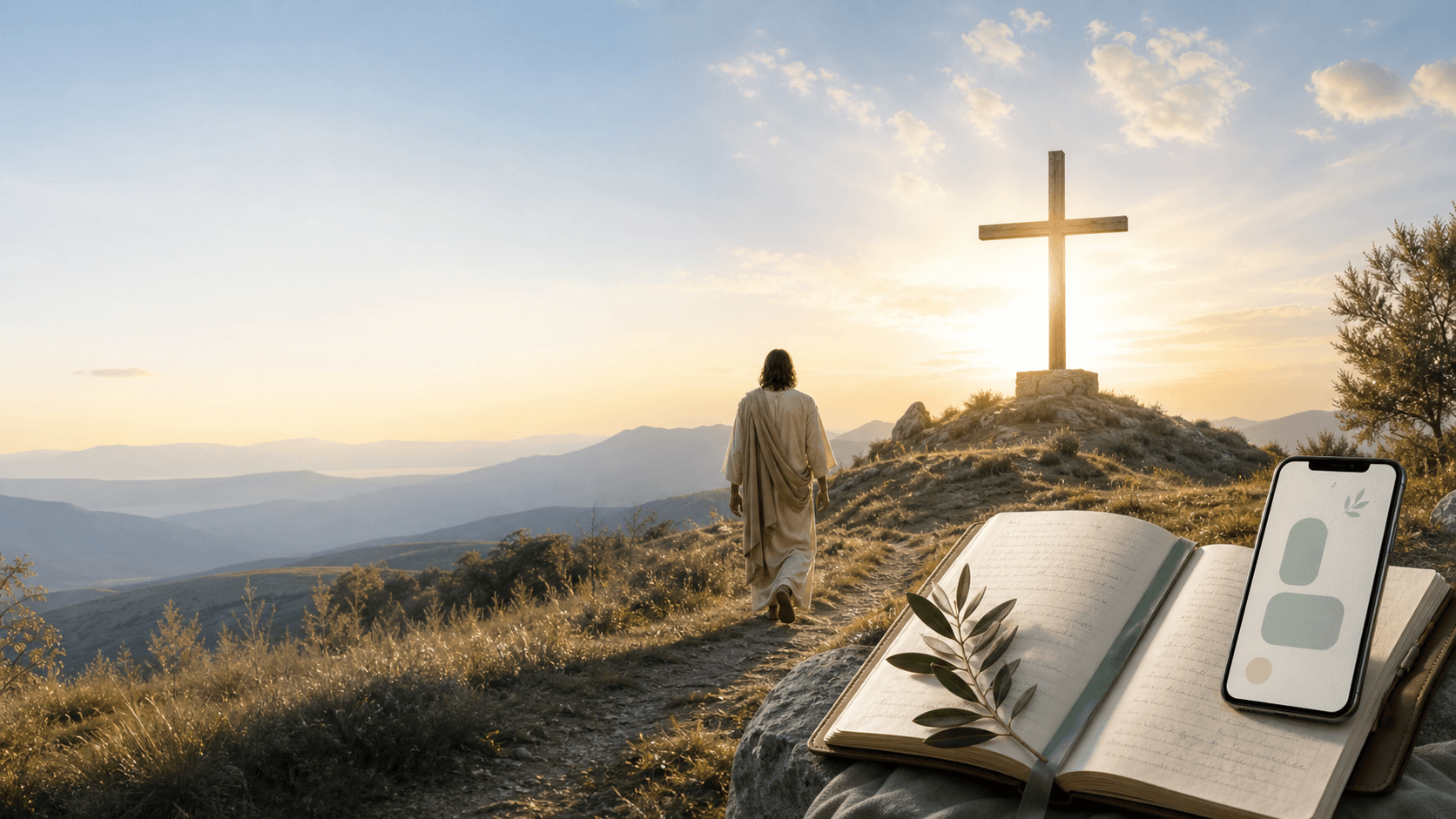 Jesus Christ walking toward a luminous cross with an open prayer journal and phone nearby