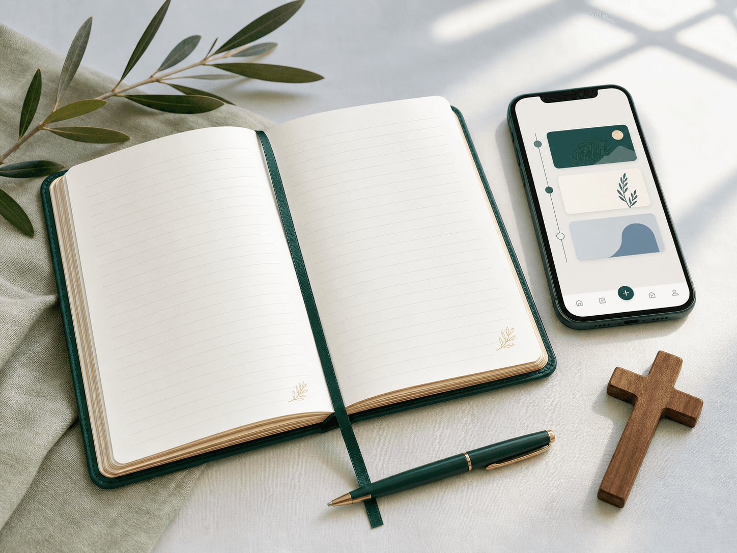 Open prayer journal, phone prayer app, pen, olive branch, and wooden cross