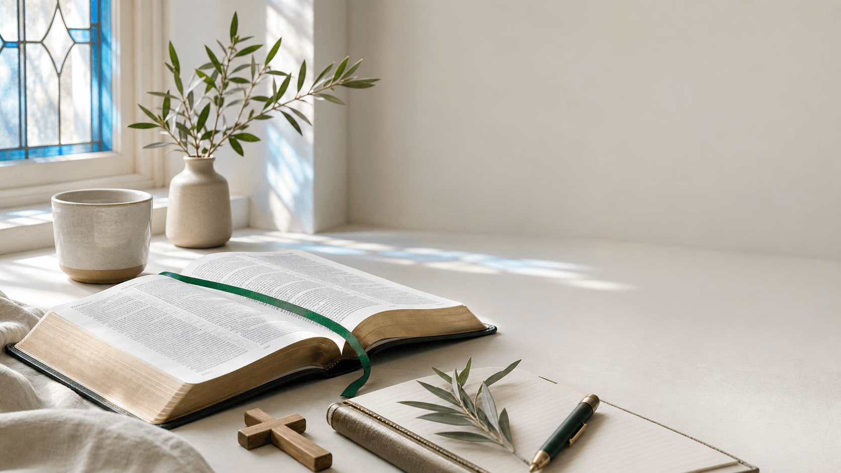 Open Bible, wooden cross, prayer journal, and morning window light